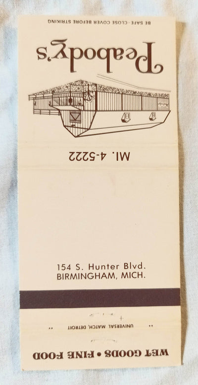 Peabody's Birmingham Michigan Matchbook Cover Early 1960's - TulipStuff