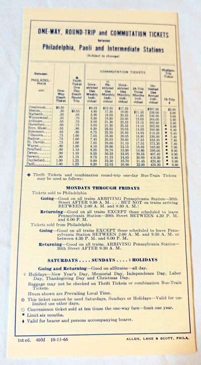 Pennsylvania Railroad Paoli Bryn Mawr Philadelphia Timetable 1966 - Tuliptuff
