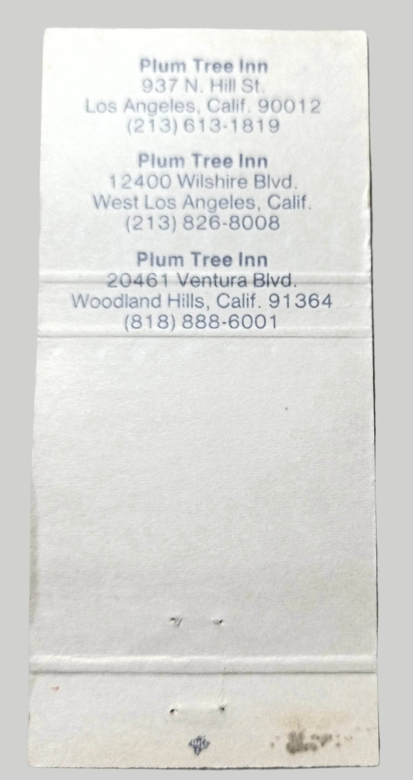 Plum Tree Inn Mandarin Cuisine Los Angeles Matchbook Cover 1990's - Tuliptuff