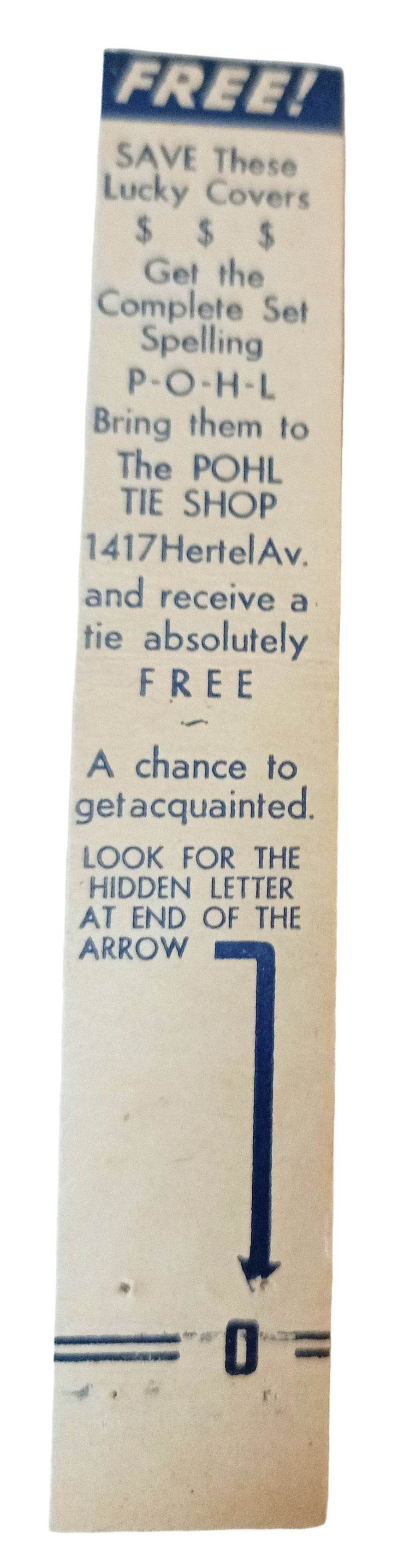 Ties By Pohl Tie Shop Hertel Ave Buffalo NY Matchbook Cover 1950's - TulipStuff