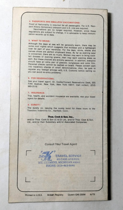 Cunard Line Queen Elizabeth 2 QE2 1973-74 Caribbean Cruises  Brochure - TulipStuff