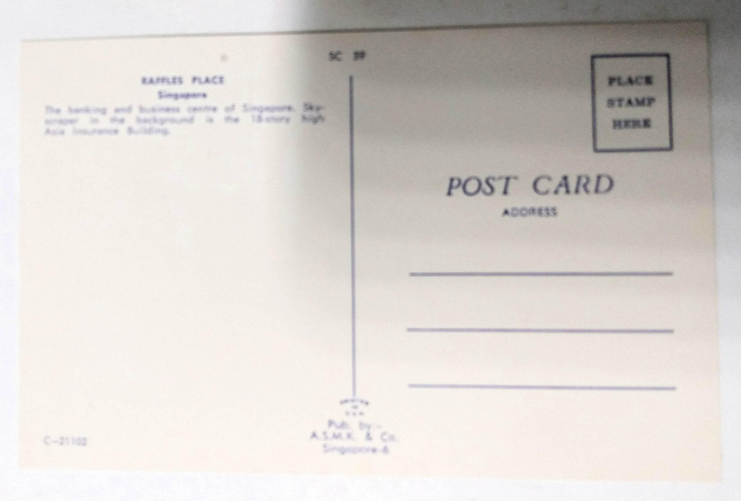 Raffles Place Asia Insurance Building Singapore Early 1960's Postcard - TulipStuff