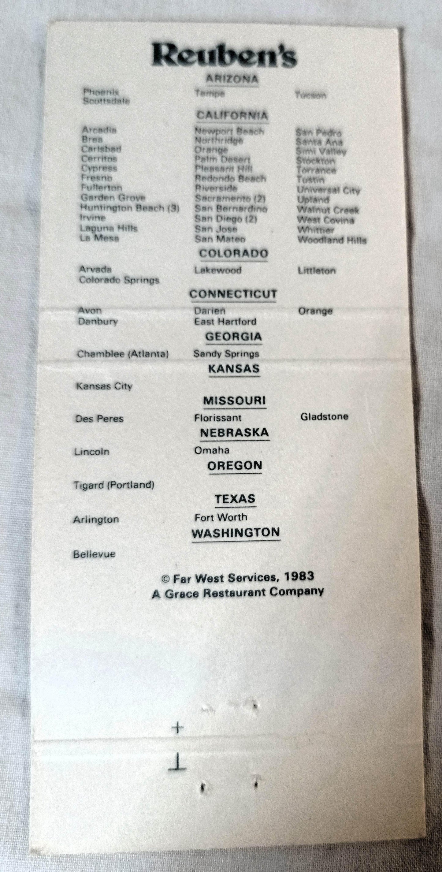Reuben's Steaks and Seafood Restaurant Chain Matchbook Cover 1983 - TulipStuff