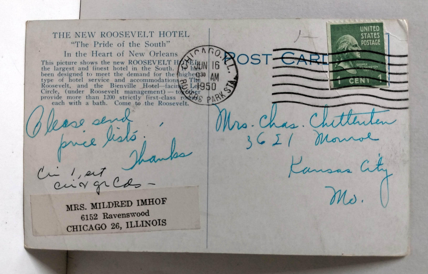 The Roosevelt Hotel New Orleans Louisiana Postcard 1950 - TulipStuff