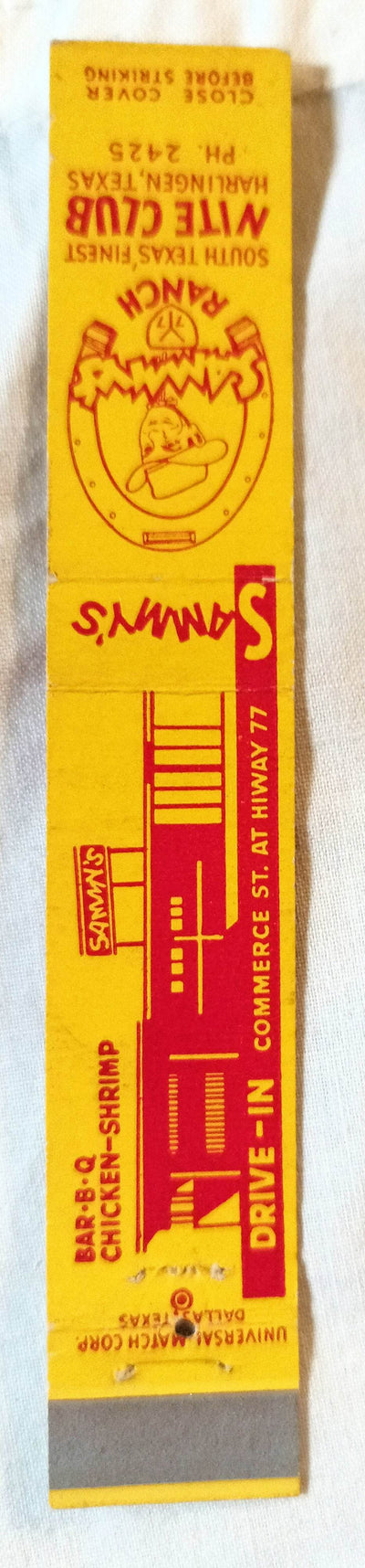 Sammy's Drive-in / Sammy's Ranch Harlingen TX Matchbook Cover 1950's - TulipStuff