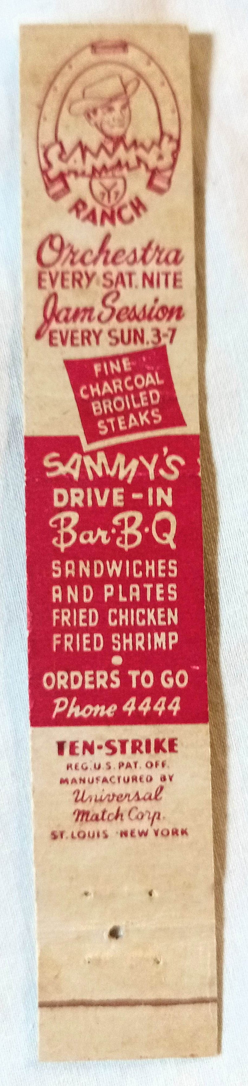 Sammy's Drive-in / Sammy's Ranch Harlingen TX Matchbook Cover 1950's - TulipStuff