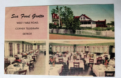 Sea Food Grotto Restaurant West 7 Mile Rd Detroit Michigan 1940's Postcard - TulipStuff