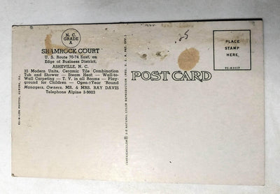 Shamrock Court Motel Asheville North Carolina Postcard 1950's - TulipStuff