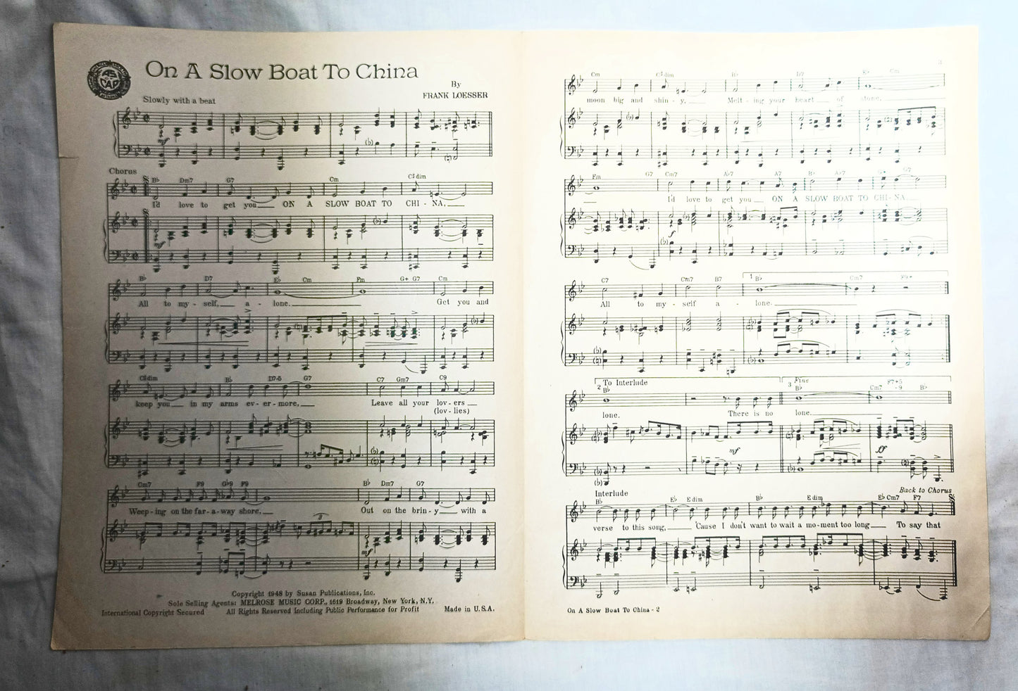 On A Slow Boat To China Frank Loesser Melrose Music Sheet Music 1948 - TulipStuff
