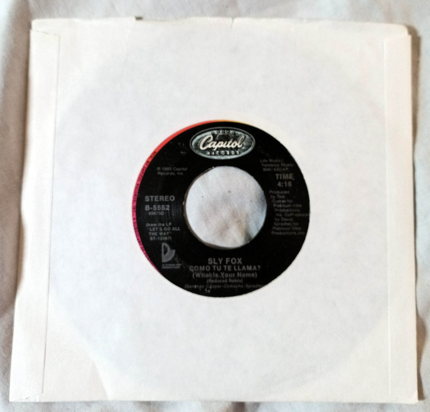 Sly Fox Let's Go All The Way / Como Tu Te Llama 7" Vinyl 45rpm 1985 - TulipStuff