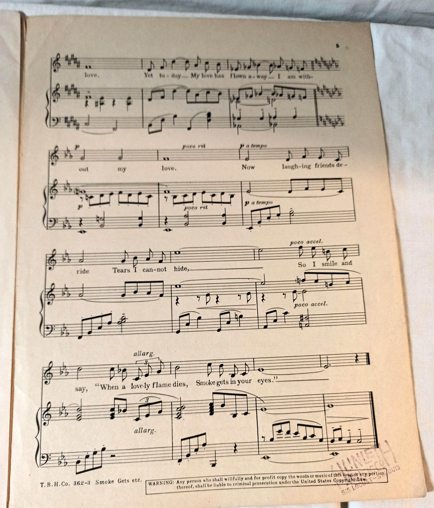 Smoke Gets In Your Eyes Roberta Jerome Kern Broadway Sheet Music 1933 - TulipStuff