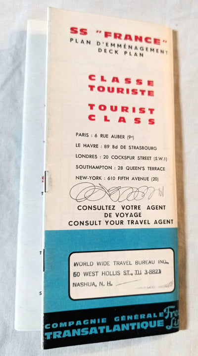 French Line ss France Tourist Class Deck Plans English/French 1961 - TulipStuff