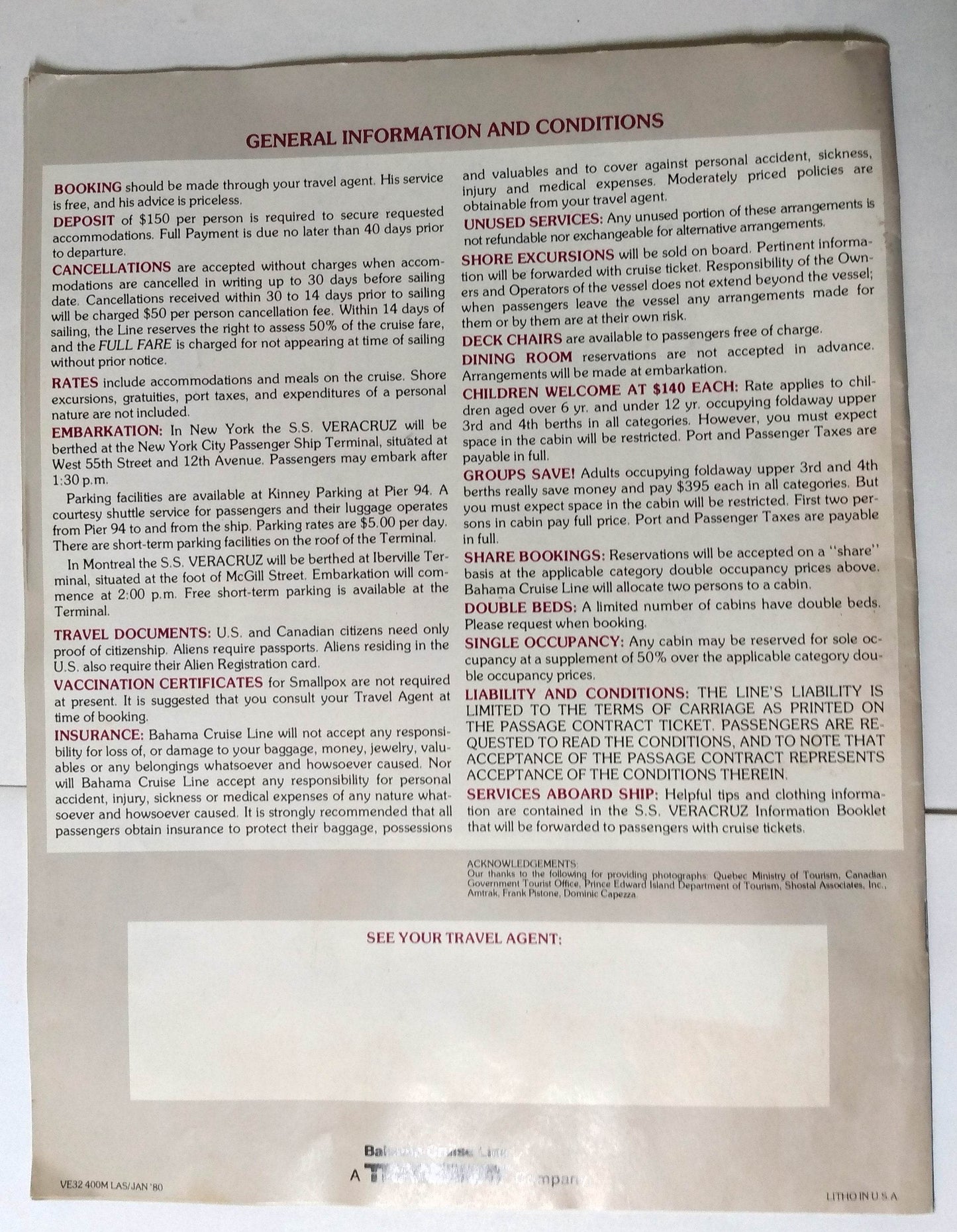 Bahama Cruise Line ss Veracruz Summer 1980 St Lawrence Canada Brochure - TulipStuff