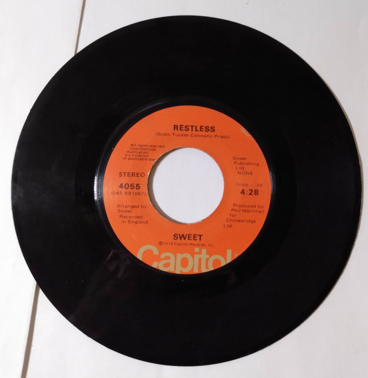 The Sweet Ballroom Blitz / Restless Glam Rock 7" Vinyl Capitol 1974 - TulipStuff