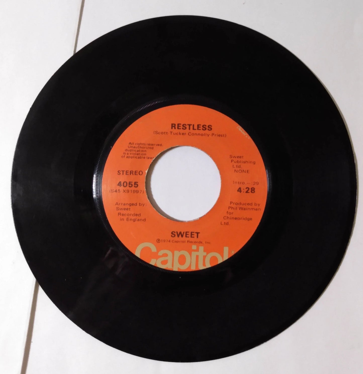 The Sweet Ballroom Blitz / Restless Glam Rock 7" Vinyl Capitol 1974 - TulipStuff