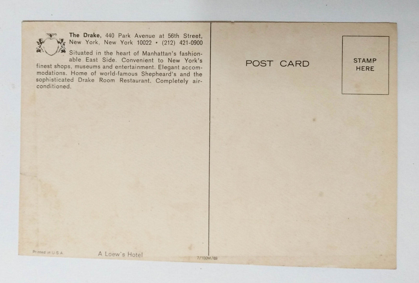 The Drake Hotel Park Avenue At 56th St New York City Postcard 1969 - TulipStuff