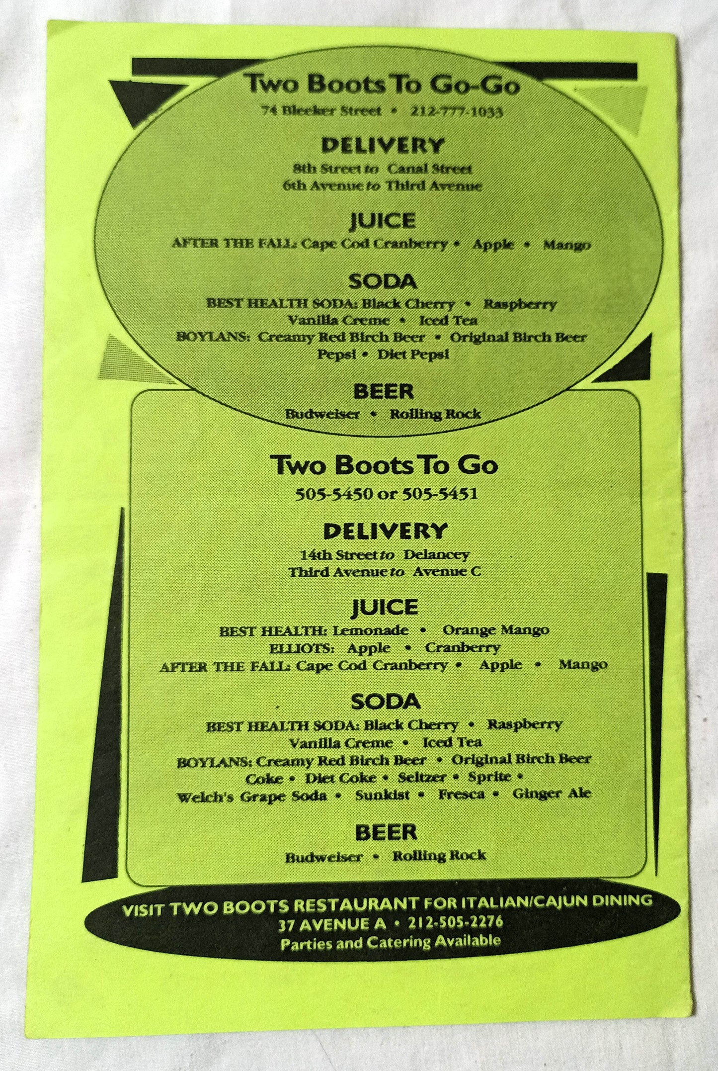 Two Boots To Go-Go Pizza Bleecker Ave A Take Out Menu Early 2000's - TulipStuff