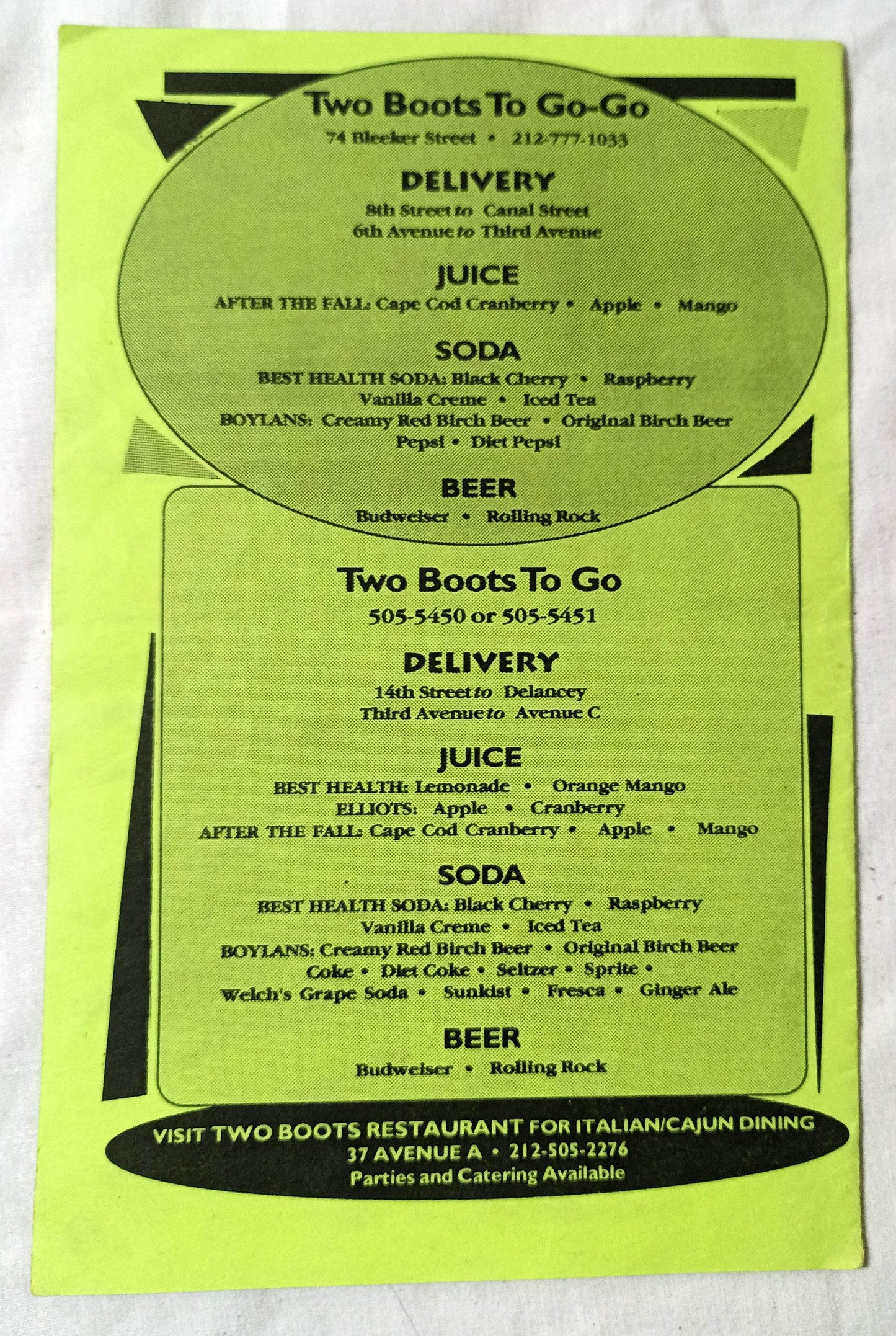 Two Boots To Go-Go Pizza Bleecker Ave A Take Out Menu Early 2000's - TulipStuff