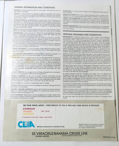 Bahama Cruise Line Veracruz Summer 1984 St Lawrence Canada Brochure - TulipStuff