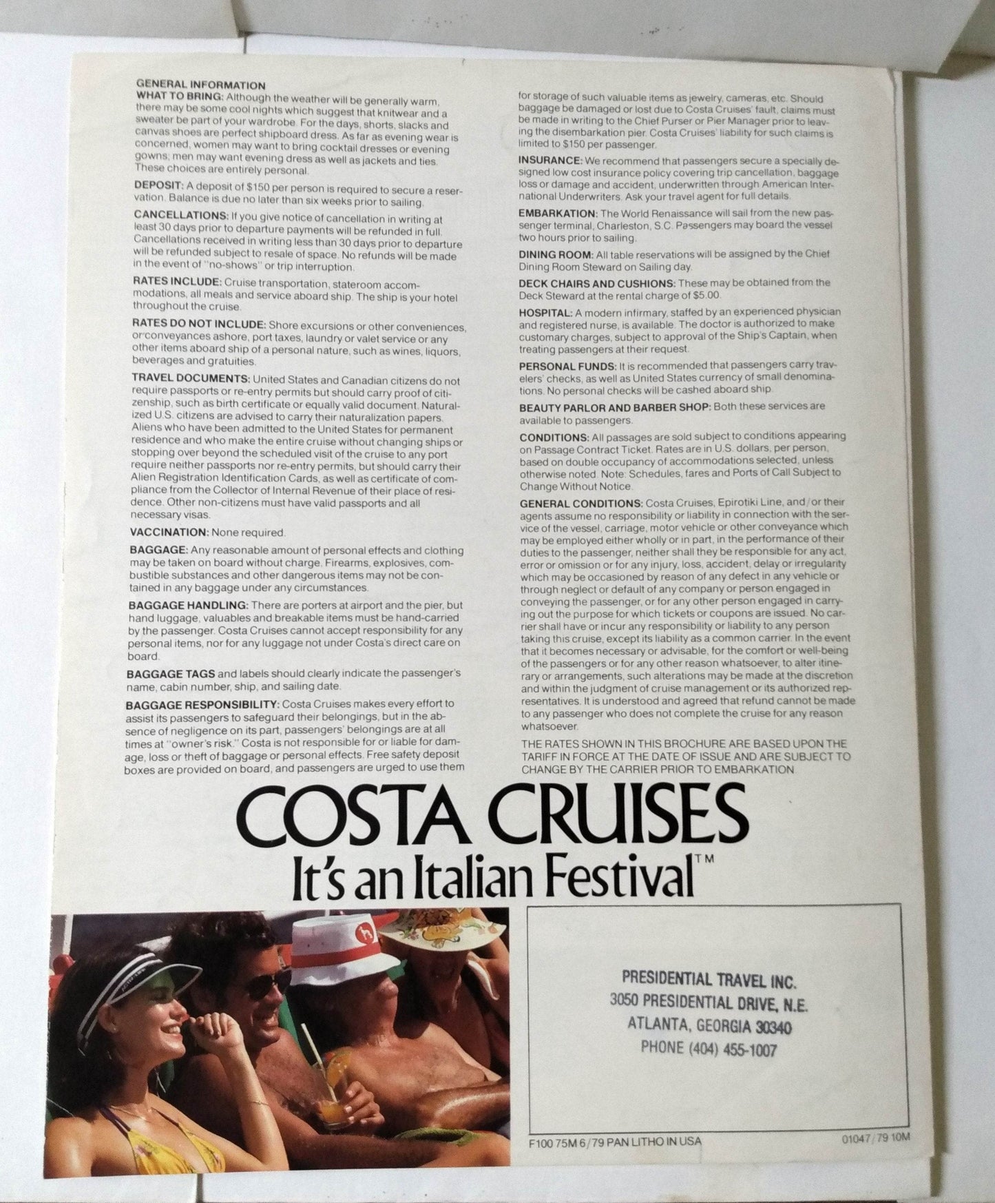 Costa ms World Renaissance Charleston SC Bermuda Cruises 1980 Brochure - TulipStuff