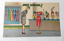 Load image into Gallery viewer, WW2 Military Humor Female Soldier Dress Shop Just Looking Postcard - TulipStuff