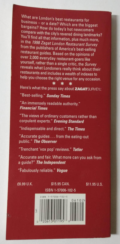 Zagat Survey London Restaurants 1998 UK - TulipStuff