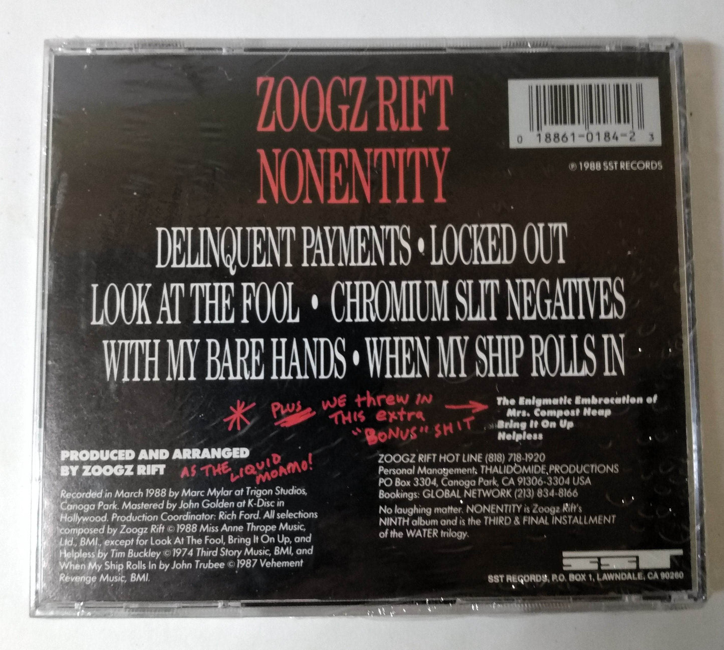Zoogz Rift Nonentity (Water III: Fan Black Dada) Album CD SST 1988 - TulipStuff