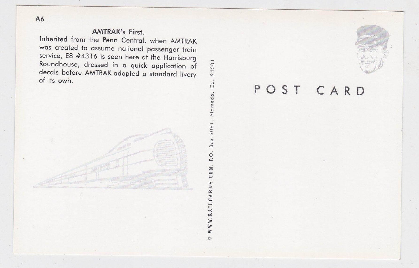 Amtrak First Locomotive EMD E8 Inherited Fom Penn Central Postcard - TulipStuff
