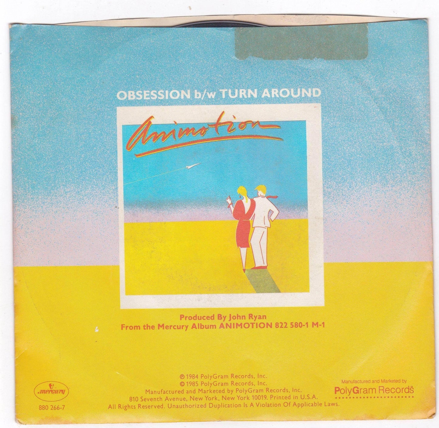 Animotion Obsession 7" 45rpm Vinyl Record Synthpop 1984 - TulipStuff