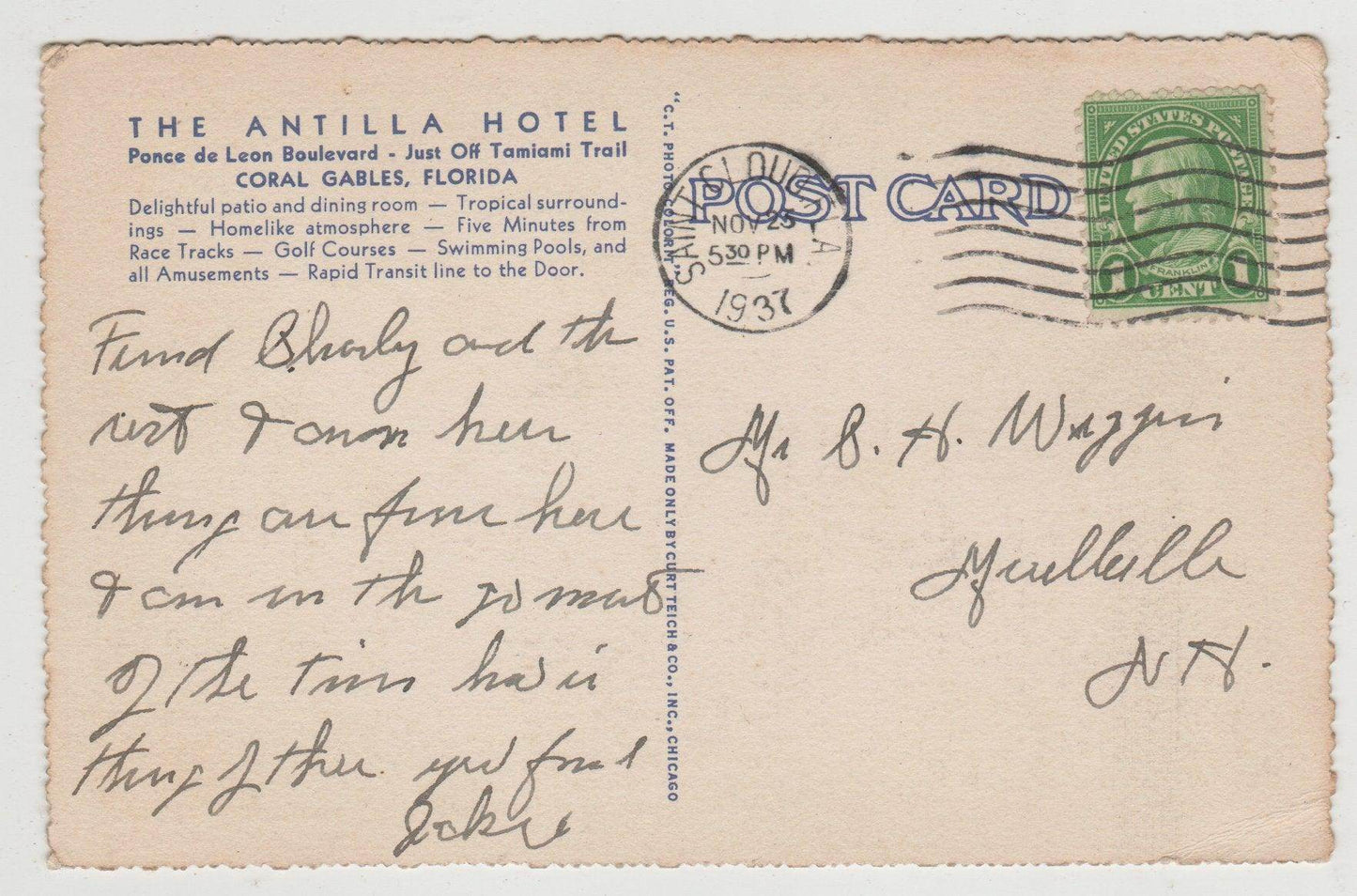 Antilla Hotel Coral Gables Pnce de Leon Blvd Florida 1937 Postcard - TulipStuff