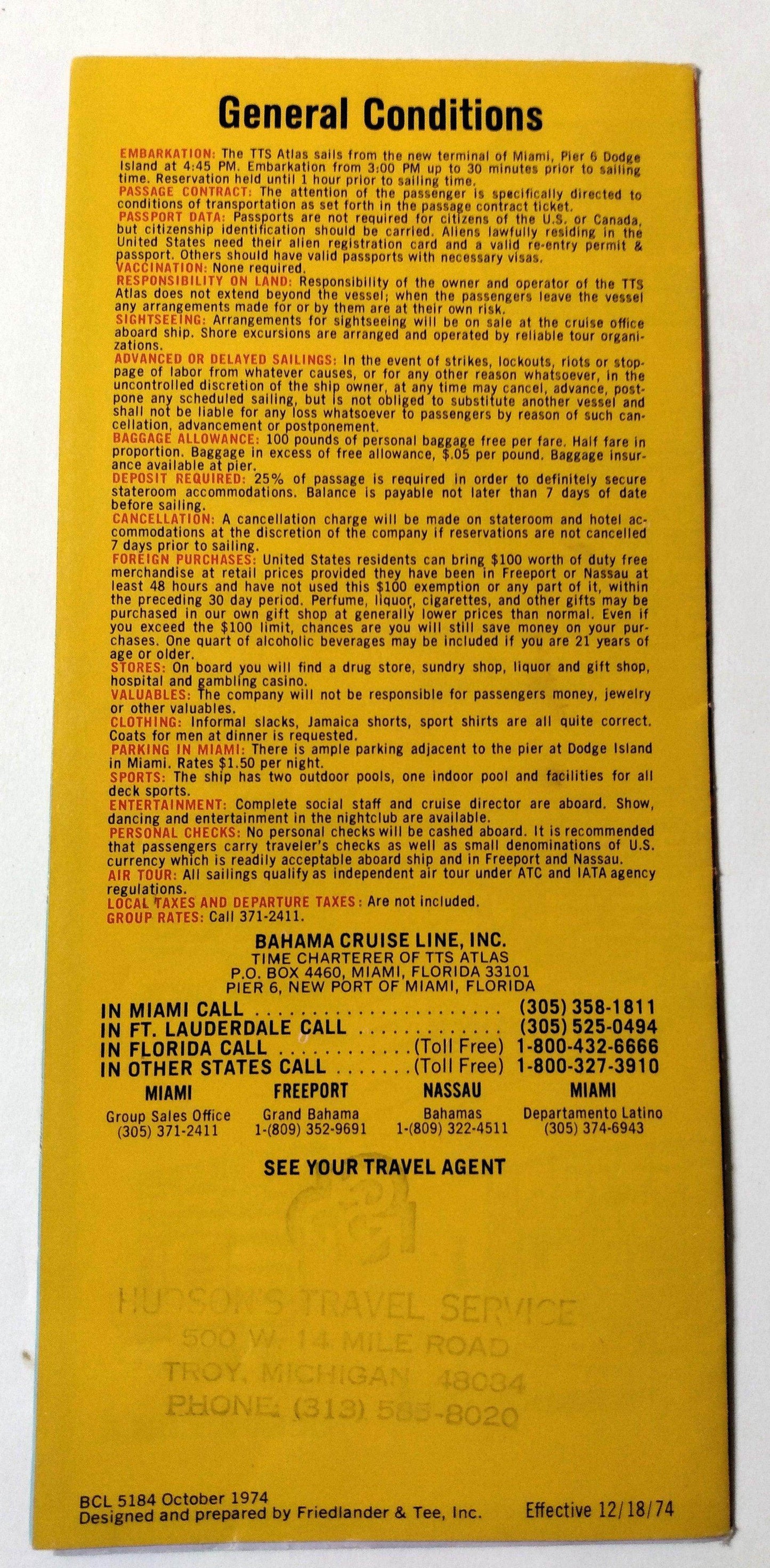 Bahama Cruise Line TTS Atlas 1974-75 Nassau Freeport Cruises Epirotiki - TulipStuff