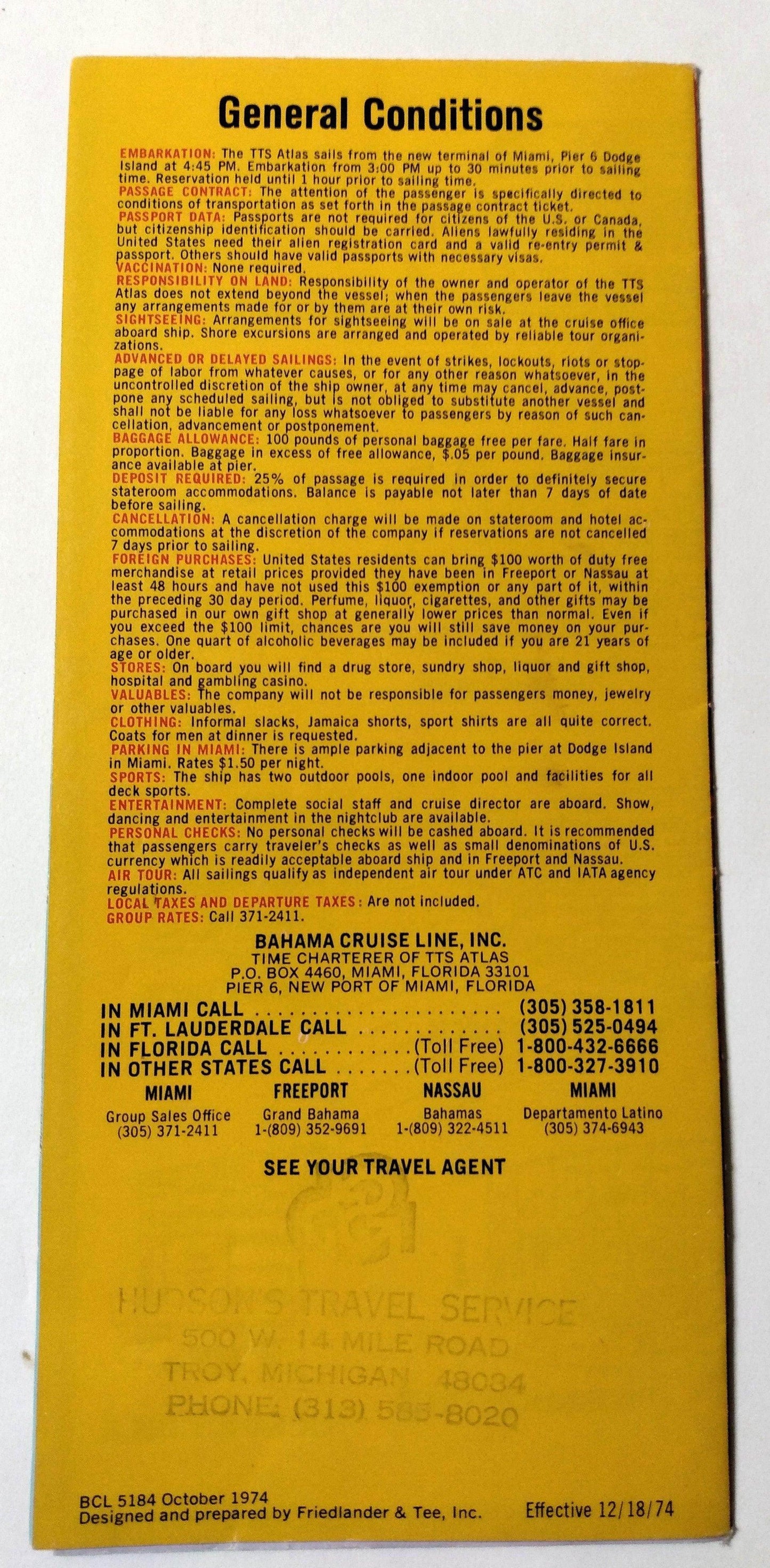 Bahama Cruise Line TTS Atlas 1974-75 Nassau Freeport Cruises Epirotiki - TulipStuff