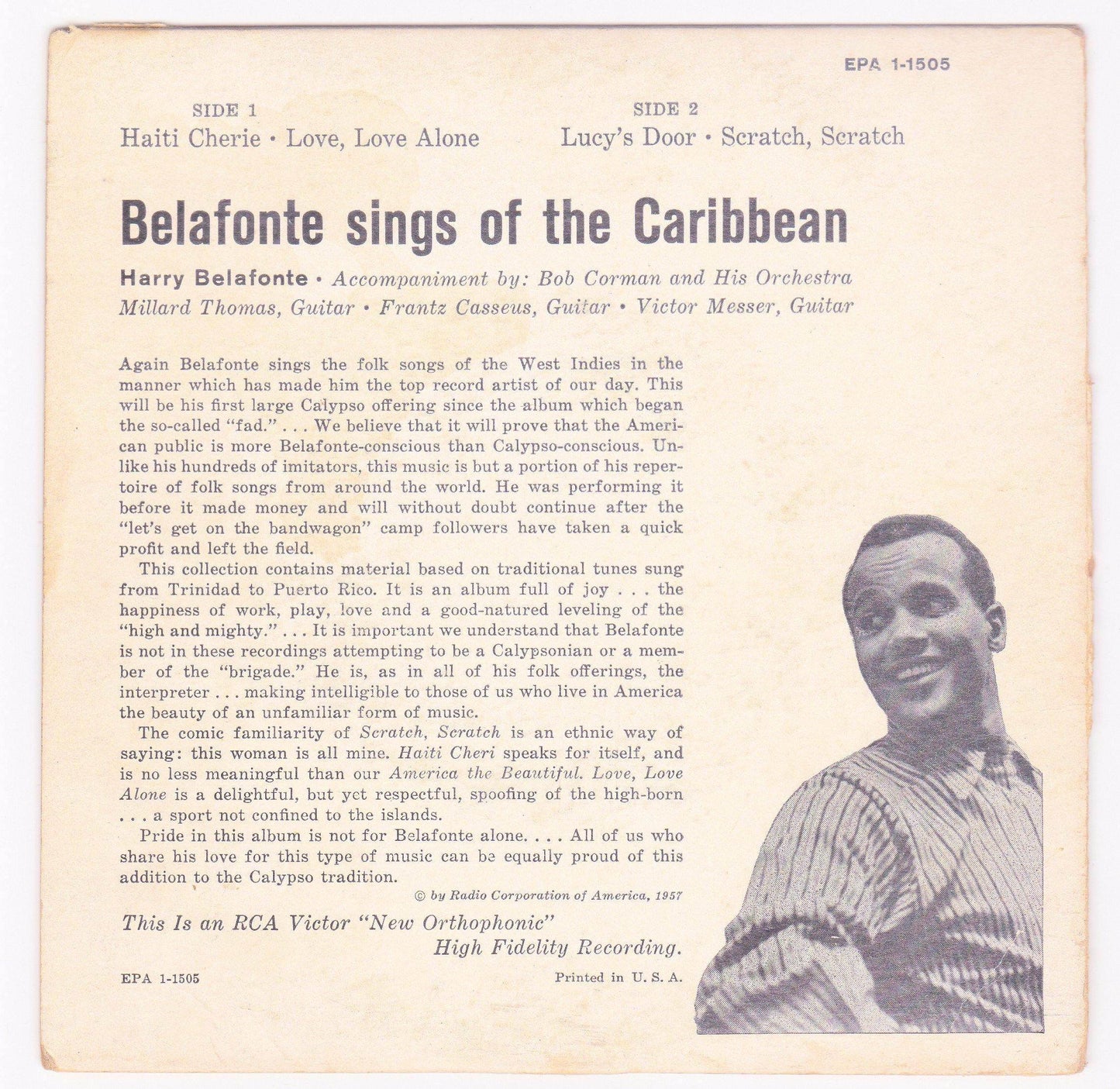 Harry Belafonte Sings of the Caribbean 7" Vinyl EP RCA Victor EPA 1-1505 1957 - TulipStuff