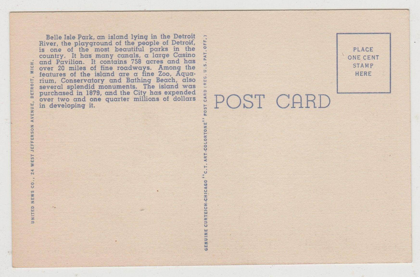 Casino Lagoon Belle Isle Park Detroit Michigan 1940's Linen Postcard - TulipStuff