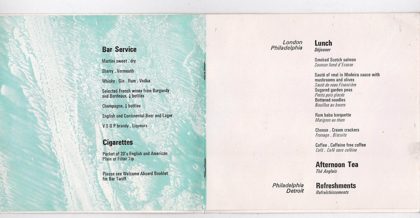 BOAC Inflight Lunch Menu Early 1970's London Philadelphia Detroit - TulipStuff