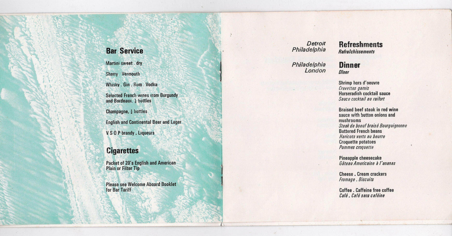 BOAC Inflight Dinner Menu Early 1970's Detroit Philadelphia London - TulipStuff