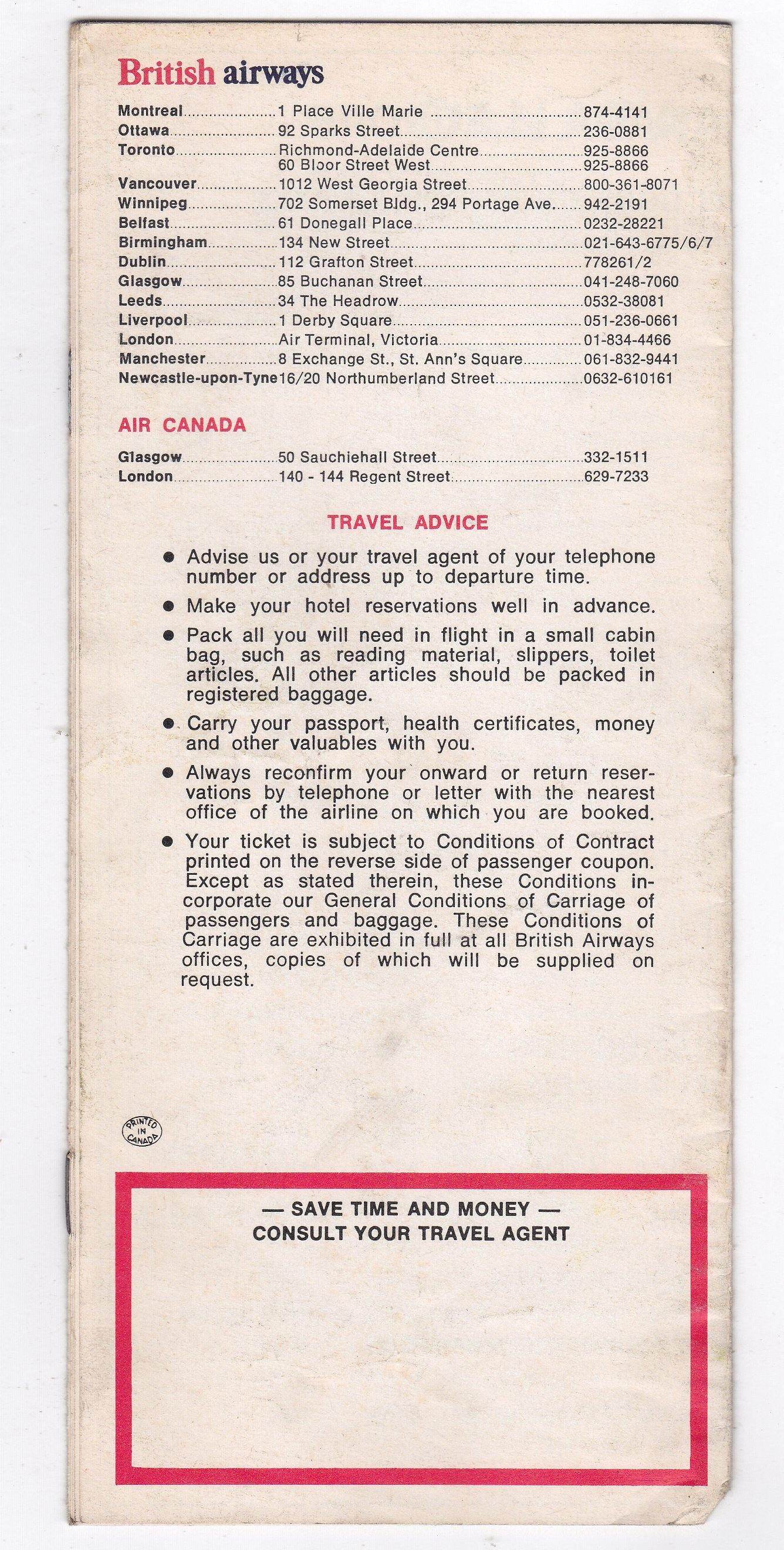 British Airways 1974 Canada Europe Fares Guide and Travel Planner - TulipStuff