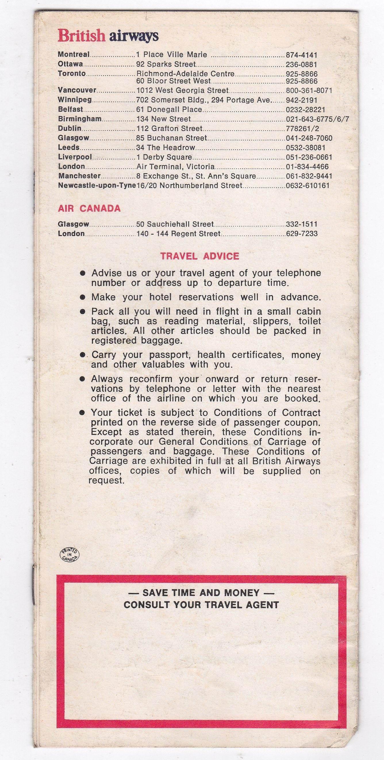 British Airways 1974 Canada Europe Fares Guide and Travel Planner - TulipStuff