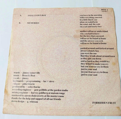 Bronski Beat Smalltown Boy 7" Vinyl Synthpop Forbidden Fruit BITE 1 1984 - TulipStuff