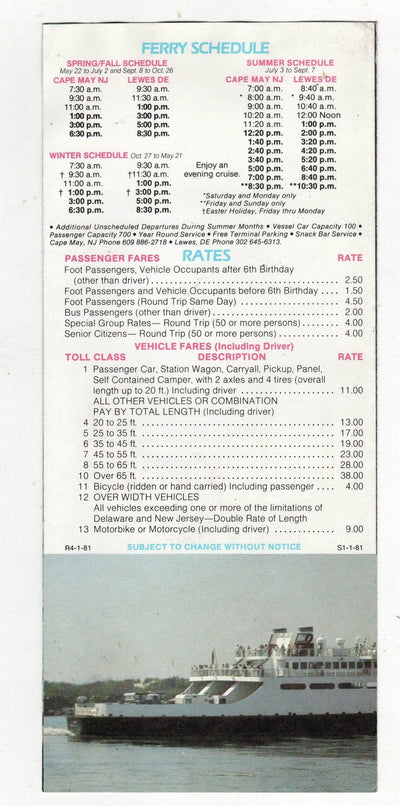 Cape May NJ Lewes DE Car Ferry Schedule Brochure 1981 - TulipStuff