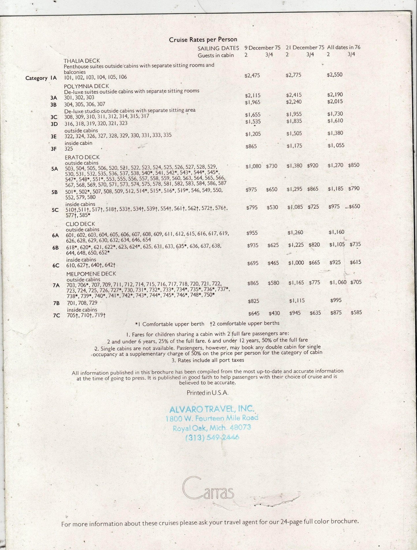 Carras Cruises mts Daphne 1975-76 Mexico Jamaica Cruise Brochure - TulipStuff