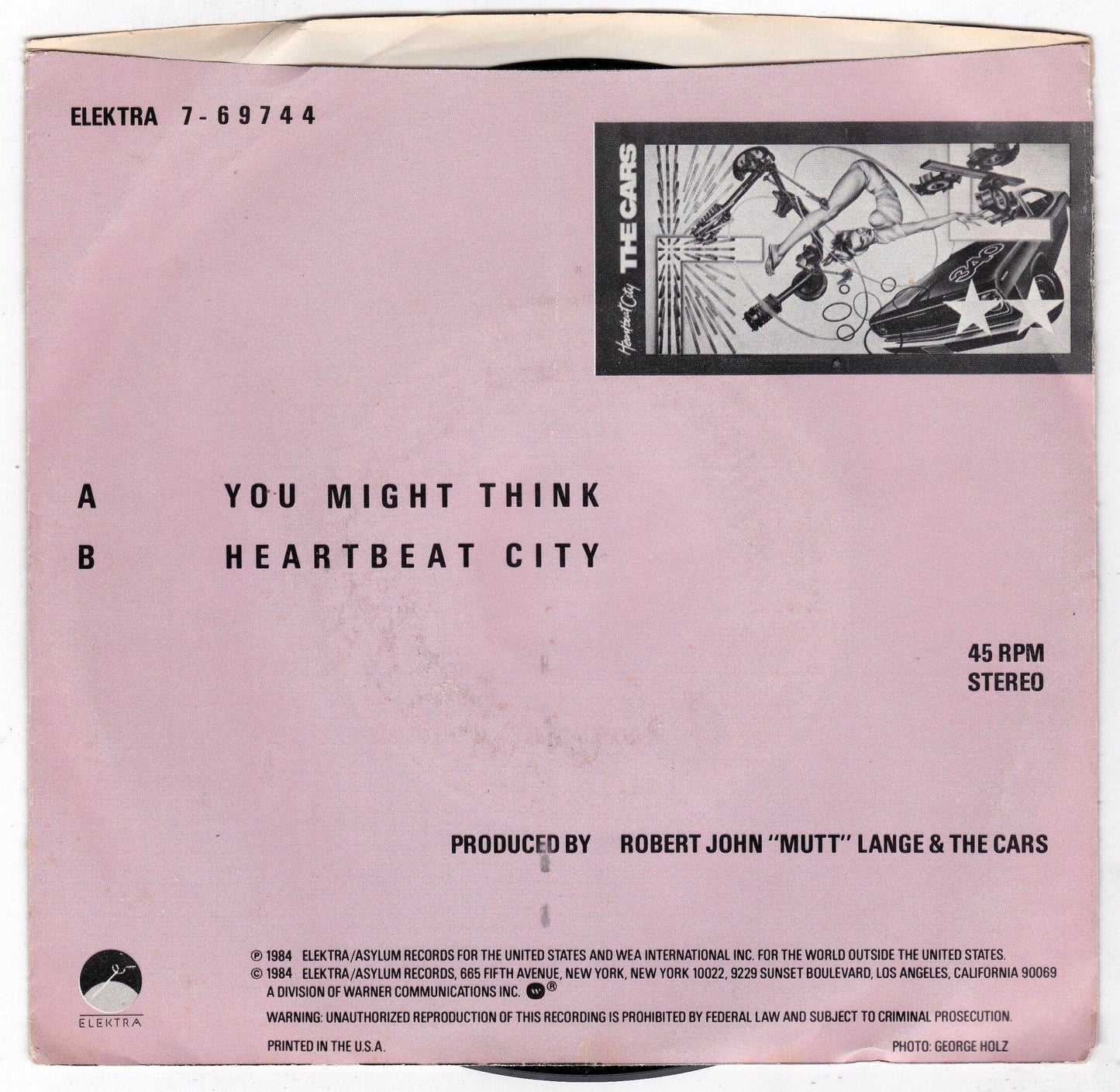 The Cars You Might Think 7" 45rpm Vinyl Record Elektra 1984 - TulipStuff