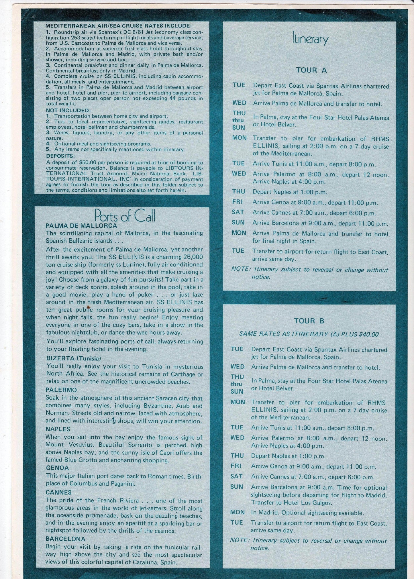 Chandris Lines SS Ellinis 1975 Air/Sea Mediterranean Cruise Brochure - TulipStuff