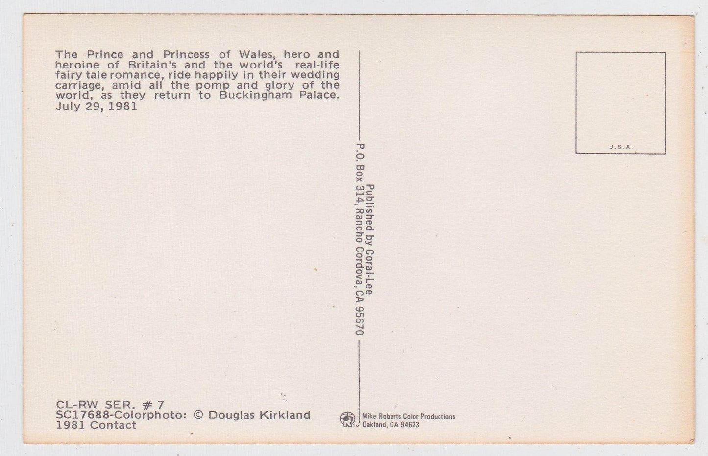 Prince Charles Princess Diana In Wedding Carriage 1981 Postcard - TulipStuff