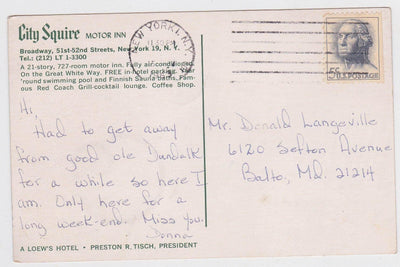 Loew's City Squire Motor Inn Broadway 51st 52nd New York City Postcard - TulipStuff