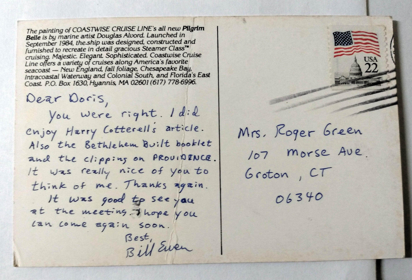 Coastwise Cruise Line Steamer Class mv Pilgrim Belle Postcard 1984 - TulipStuff