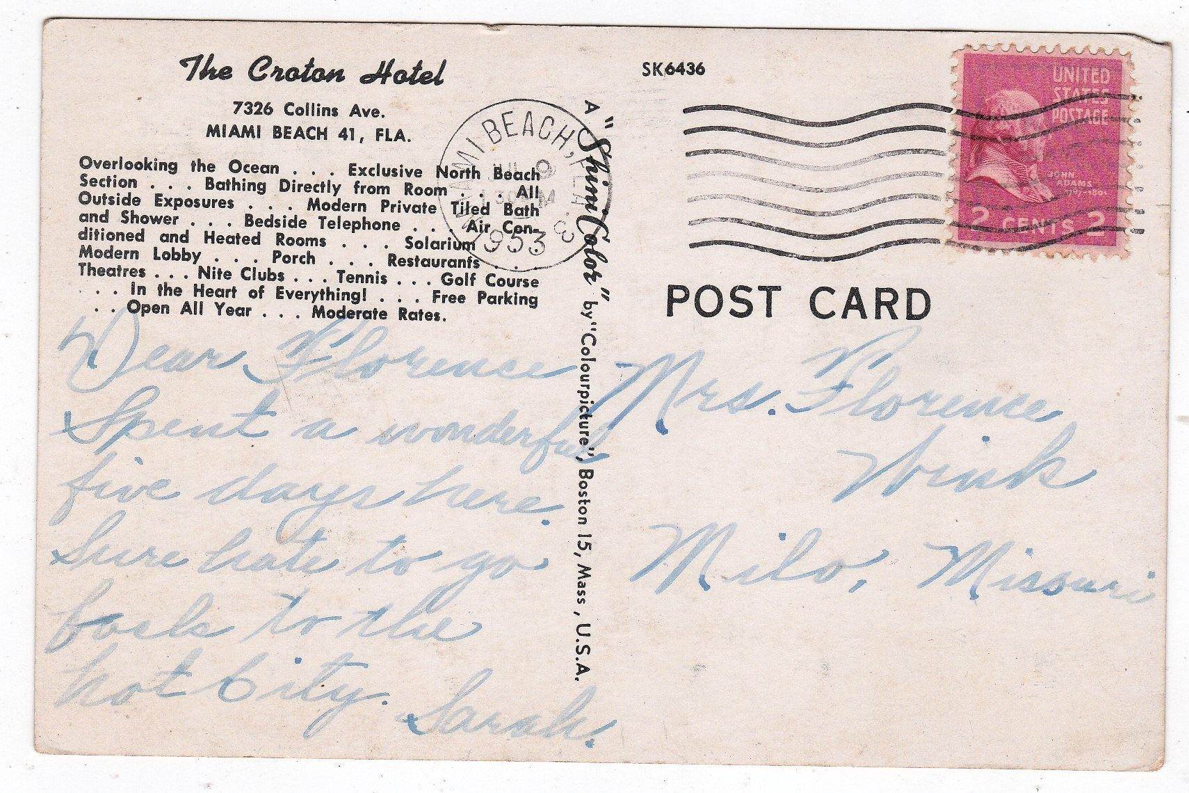 The Croton Hotel Miami Beach Florida Collins Ave 1953 Postcard - TulipStuff
