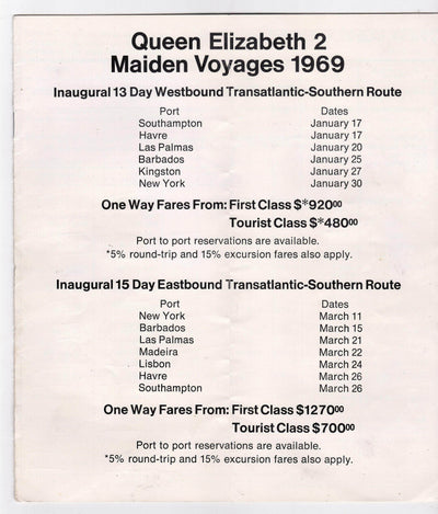 Cunard Line 1969 Timetable and Fares Queen Elizabeth 2 Maiden Voyage - TulipStuff