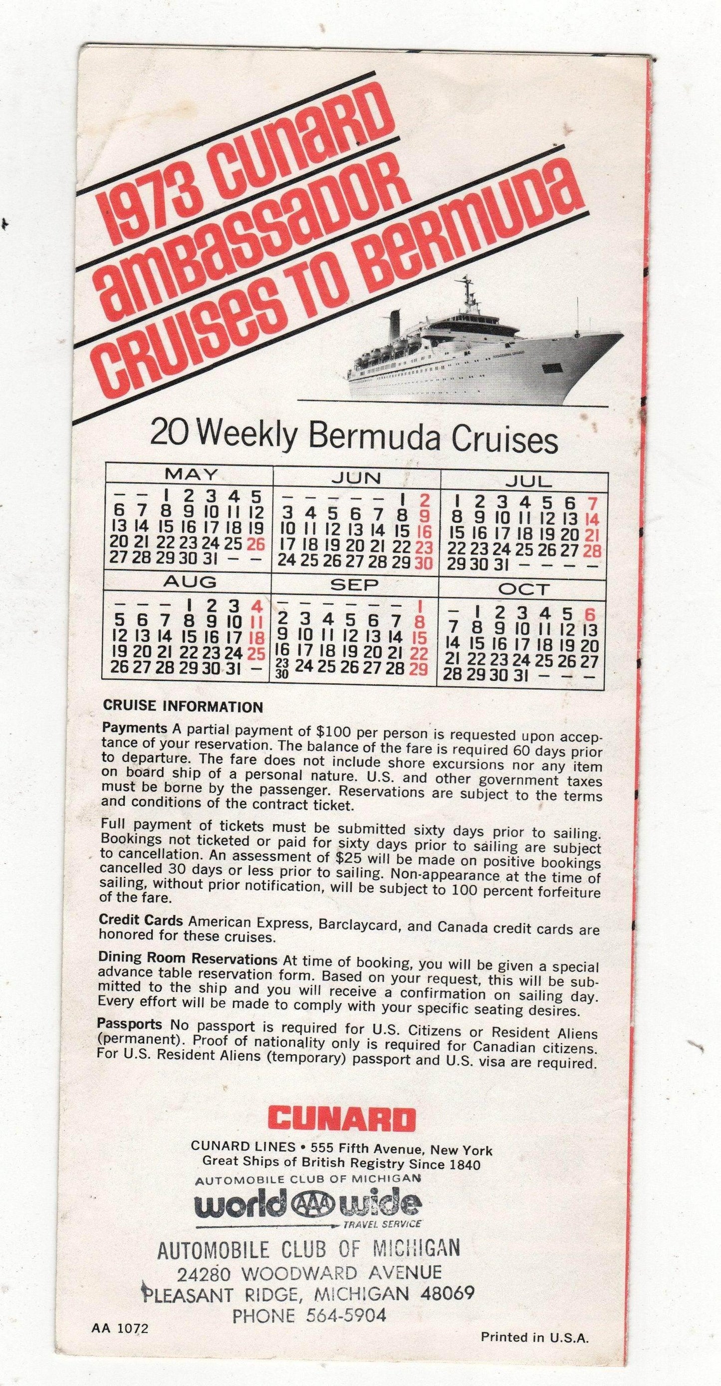 Cunard Ambassador 1973 Bermuda New York Cruise Brochure - TulipStuff
