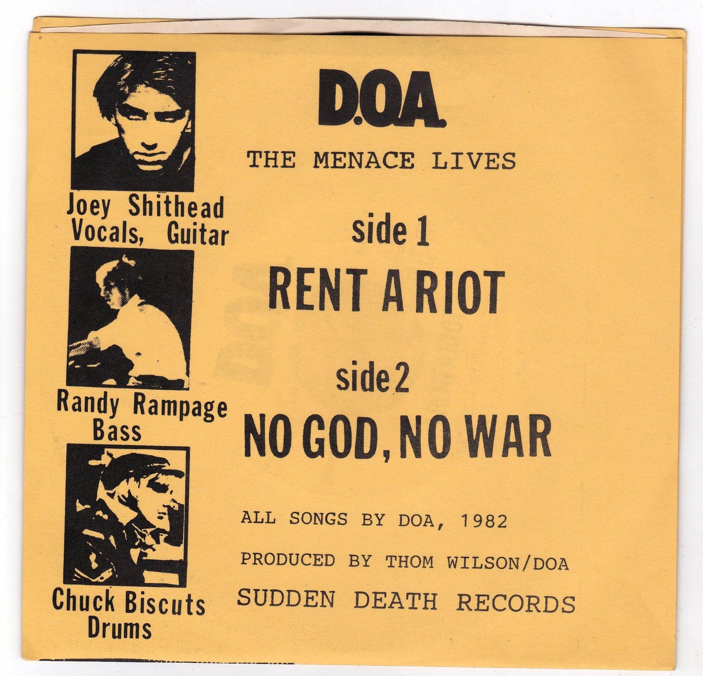 D.O.A. The Menace Lives 7" 45 RPM Vinyl Record Canadian Punk 1991 - TulipStuff